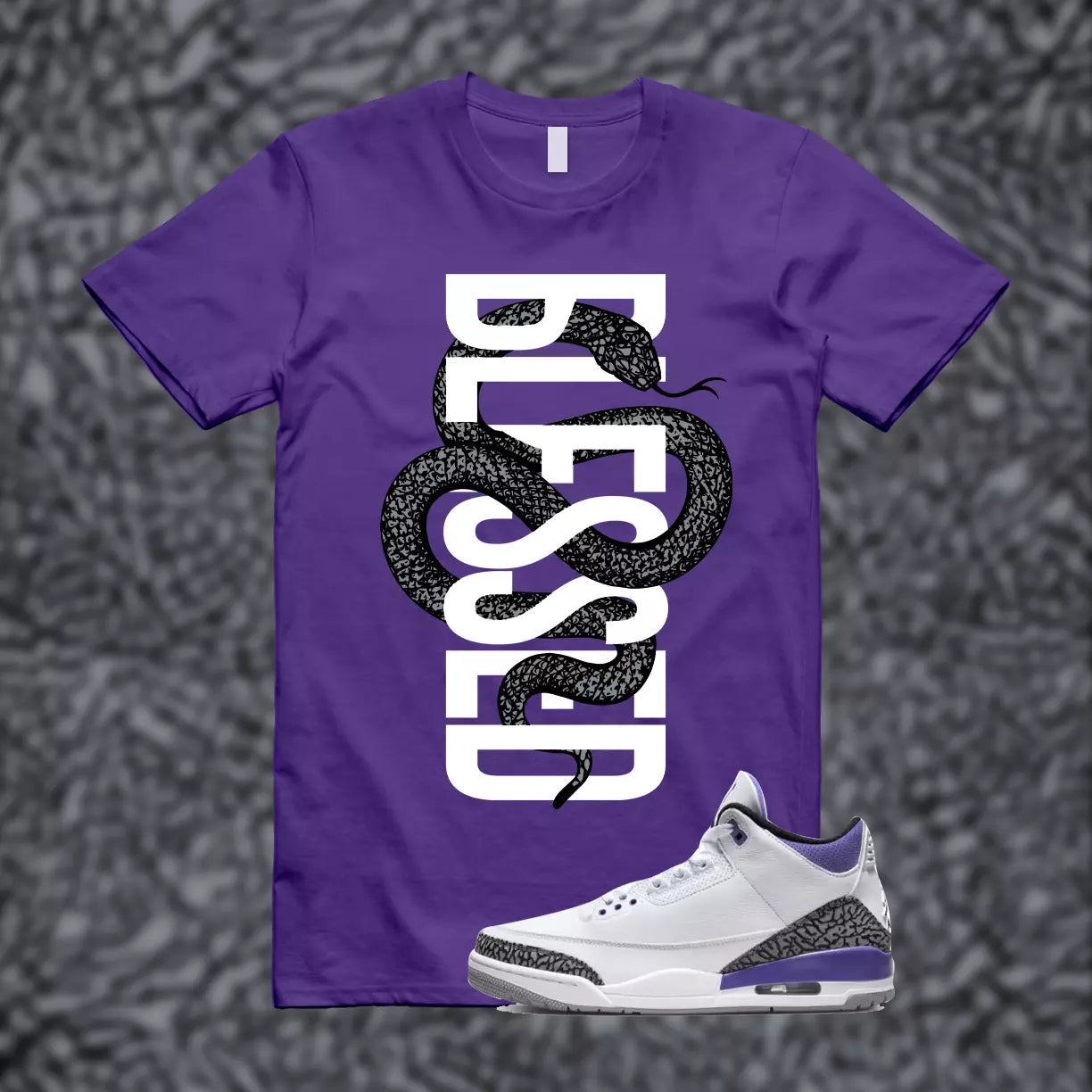SNAKE Shirt match Jordan 3 Iris Cement Grey Elephant Varsity Court Purple T-Shirt, Sneaker Match Tee