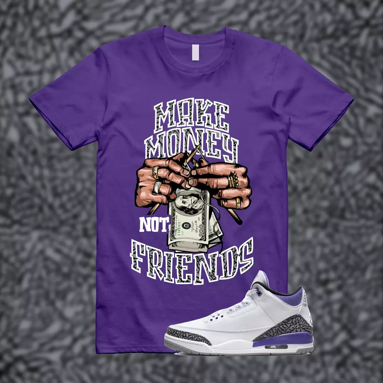 MM Shirt match Jordan 3 Iris Cement Grey Elephant Varsity Court Purple T-Shirt, Sneaker Match Tee