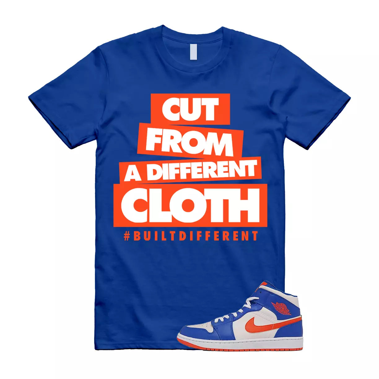 CLOTH T Shirt to match Air Jordan 1 Mid Knicks Sail Game Royal Blue Rush Orange T-Shirt, Sneaker Match Tee