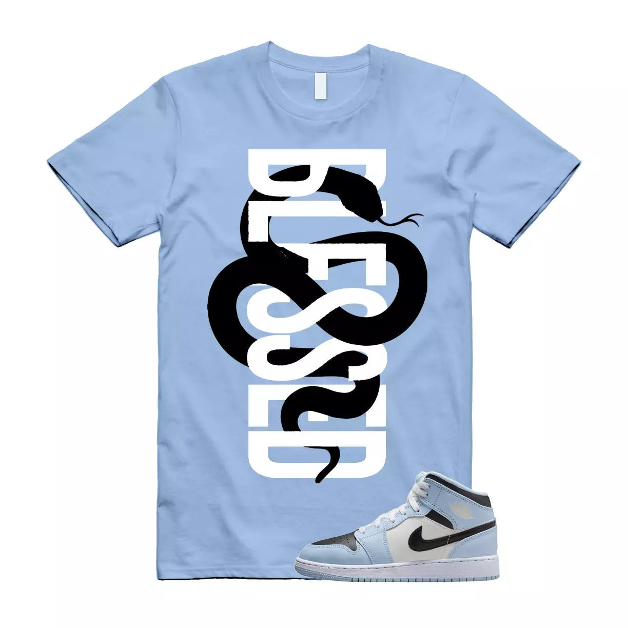 SNAKEBLS T Shirt to match Air Jordan 1 Mid GS Ice Blue Sail Black White UNC T-Shirt, Sneaker Match Tee