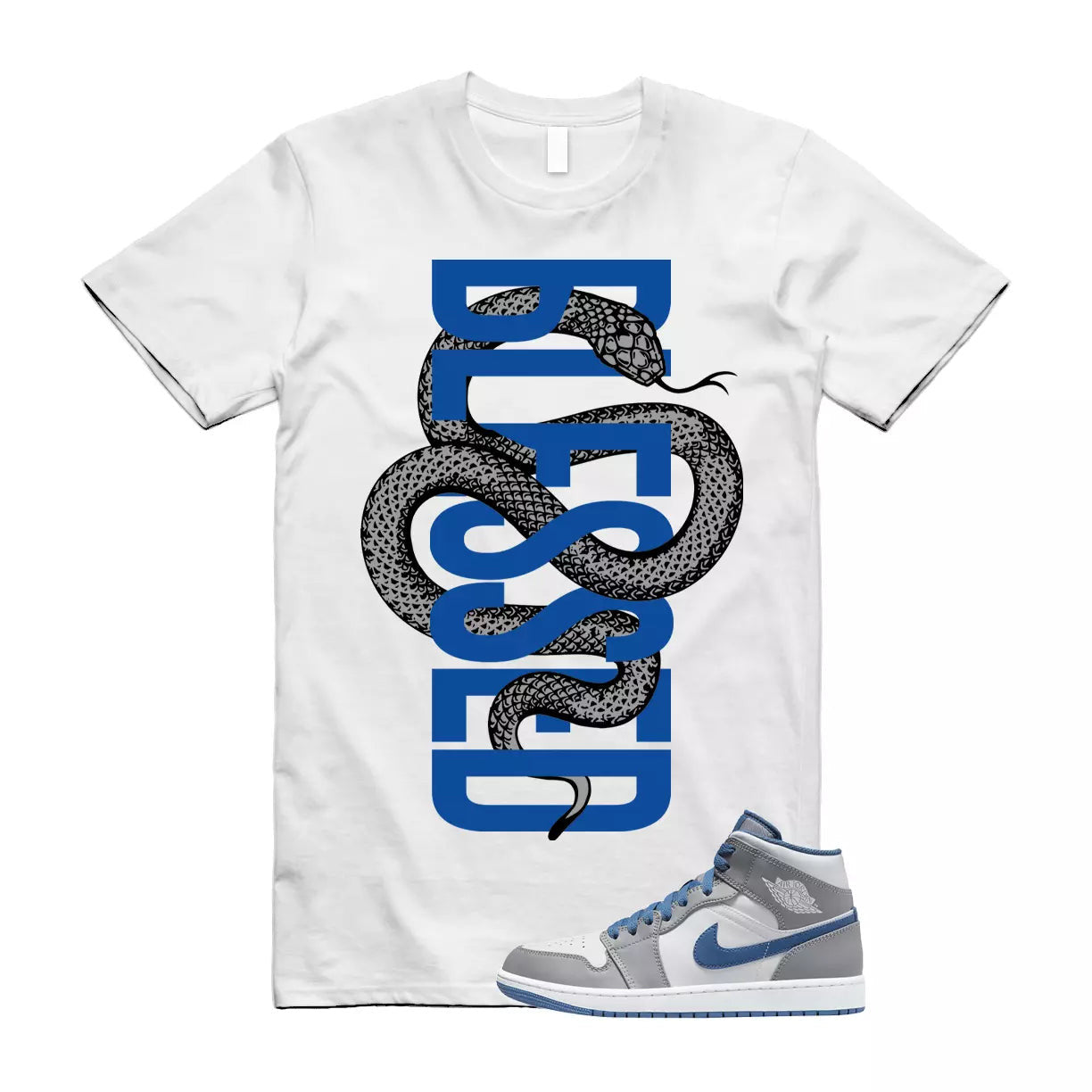 SNAKEBLS T Shirt to match Air Jordan 1 Mid True Blue Cement Grey White T-Shirt, Sneaker Match Tee