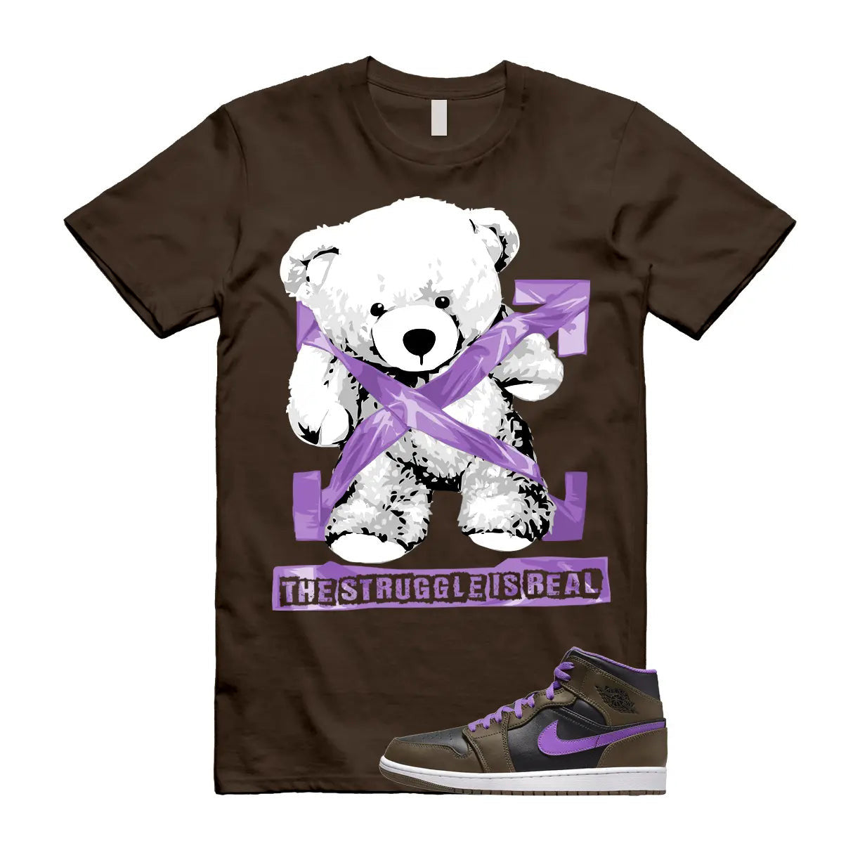The Struggle is Real T-Shirt to match Air Jordan 1 Mid Palomino Purple Mocha Wild Berry Black T-Shirt, Sneaker Match Tee