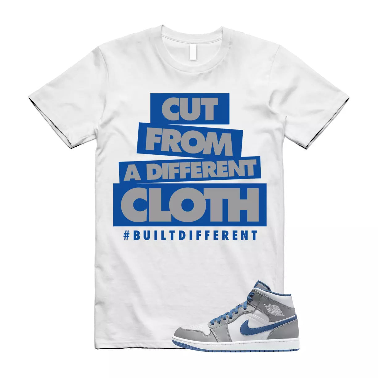 CLOTH T Shirt to match Air Jordan 1 Mid True Blue Cement Grey White T-Shirt, Sneaker Match Tee