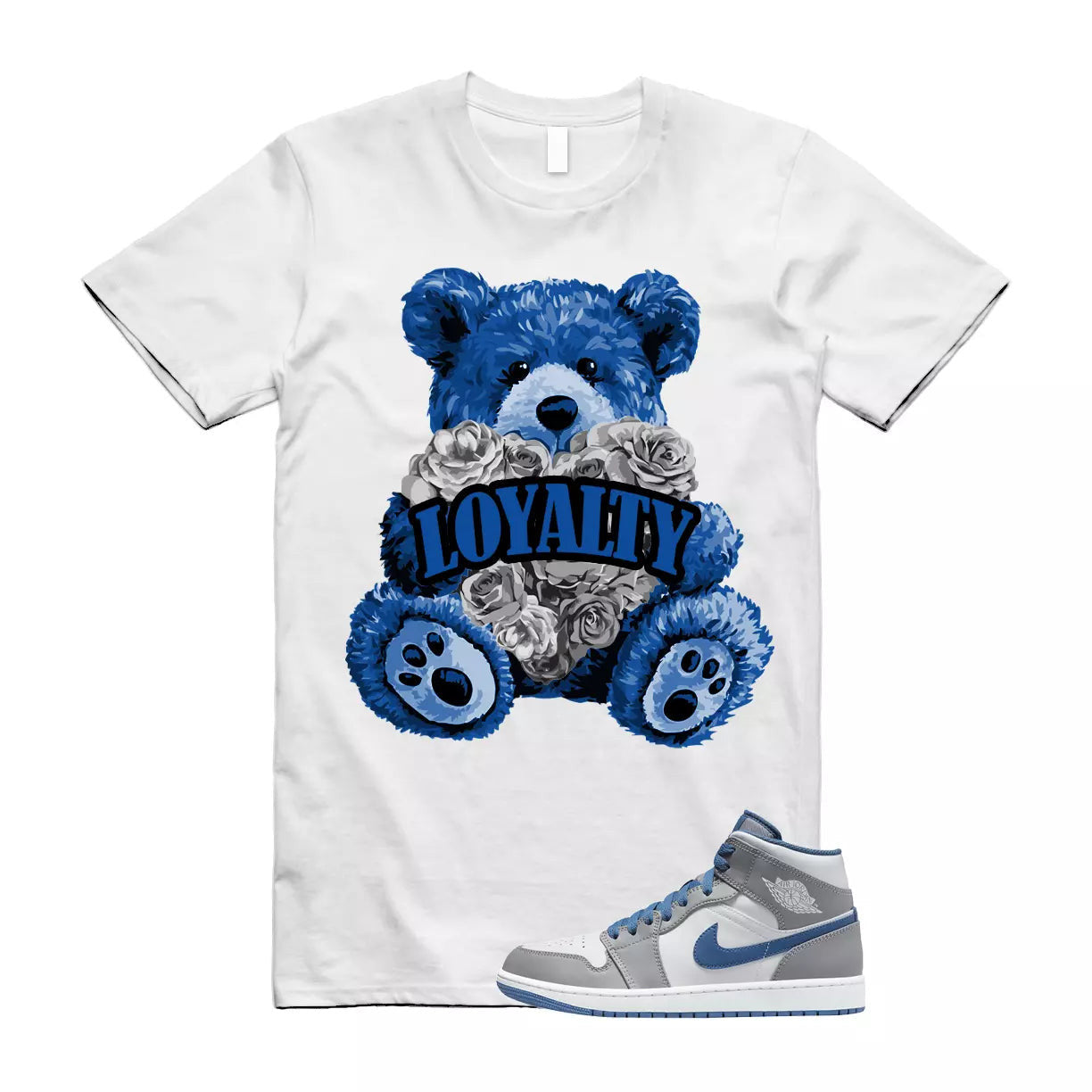 LYLTY T Shirt to match Air Jordan 1 Mid True Blue Cement Grey White T-Shirt, Sneaker Match Tee