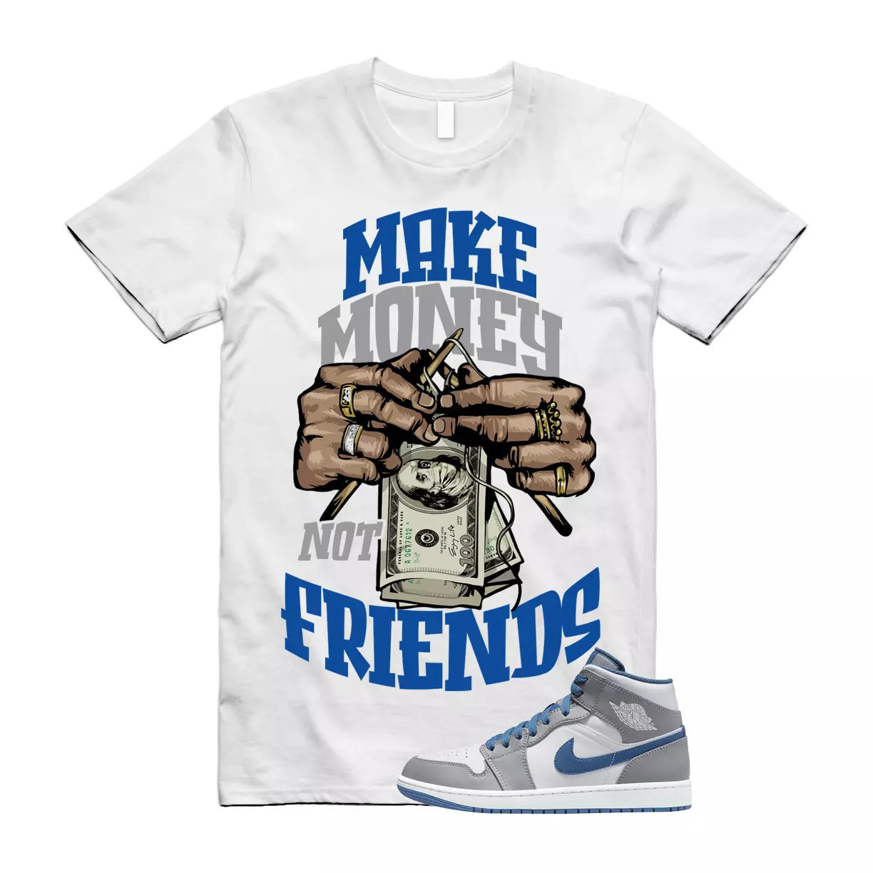 MM T Shirt to match Air Jordan 1 Mid True Blue Cement Grey White T-Shirt, Sneaker Match Tee