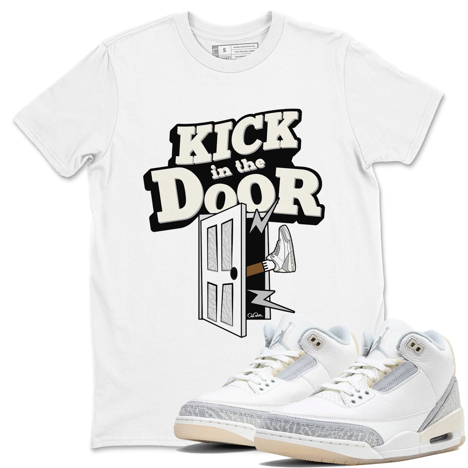 Kick In The Door Sneaker Tee - Unisex Cotton Sneaker Shirts To Match Jordans 3s Craft Ivory T-Shirt, Sneaker Match Tee