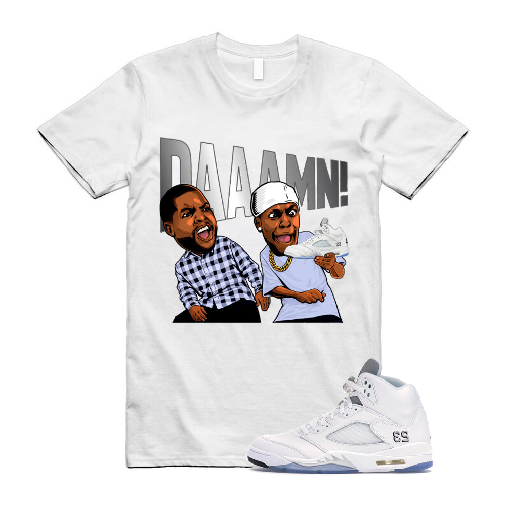 Jordan 5 Retro White Metallic Silver Black 2026 Shirt To Match Daaamn T-Shirt, Match Sneaker Tee