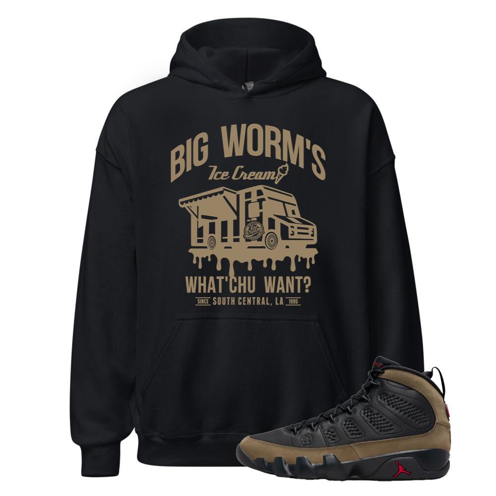 Air Jordan 9 Olive Shirt to Match Big Worm?s Ice Cream What?Chu Want Hoodie HV4794-030 Match Sneaker Tee