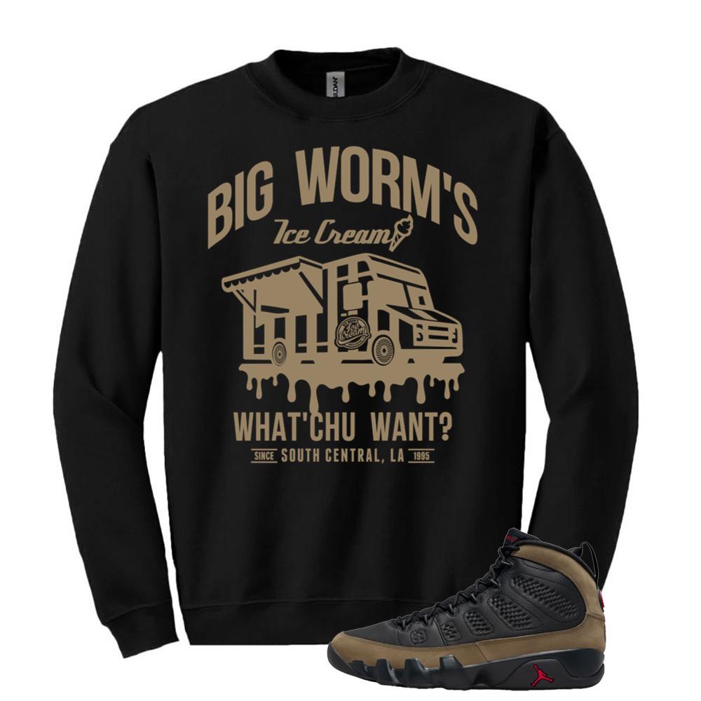 Air Jordan 9 Olive Shirt to Match Big Worm?s Ice Cream What?Chu Want Sweatshirt HV4794-030 Match Sneaker Tee