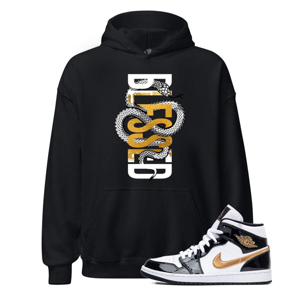 Jordan 1 Metallic Gold Patent Black White Sneaker Blessed Snack Hoodie Match 852542-007 Match Sneaker Tee