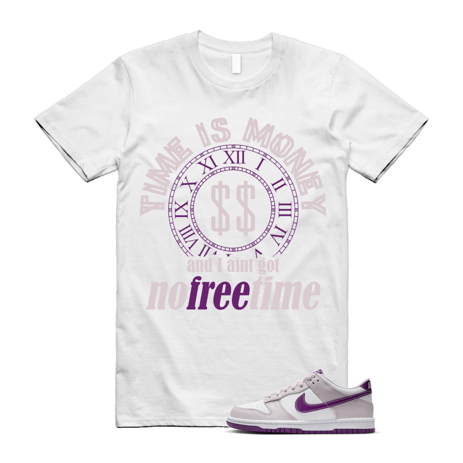 White ‘No Free Time’ graphic t-shirt in purple tones styled with Dunk Low Plum Eclipse sneakers, sneaker-matching design by Match Sneaker Tee.