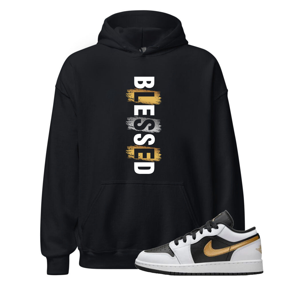 Air Jordan 1 Low Black White Gold Hoodie to Match Blessed HV0789-010 Match Sneaker Tee