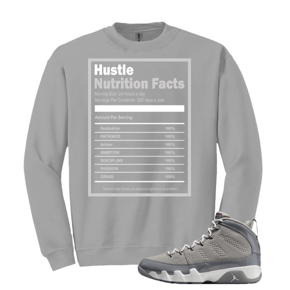 Jordan 9 Retro Cool Grey Sweatshirt to Match Hustle Nutrition Facts HV4794-011 Match Sneaker Tee