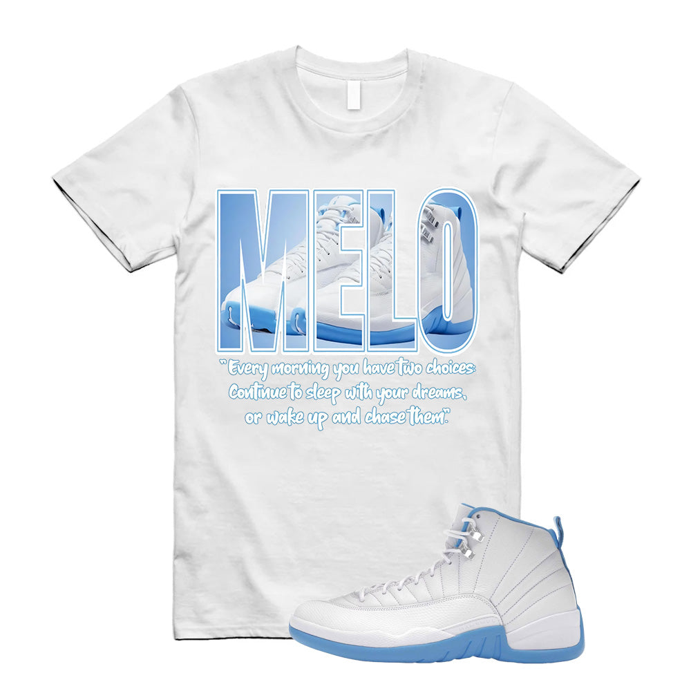 Jordan 12 MELO University Blue Shirt to Match Melo Label T-Shirt, CT8013-112 Match Sneaker Tee