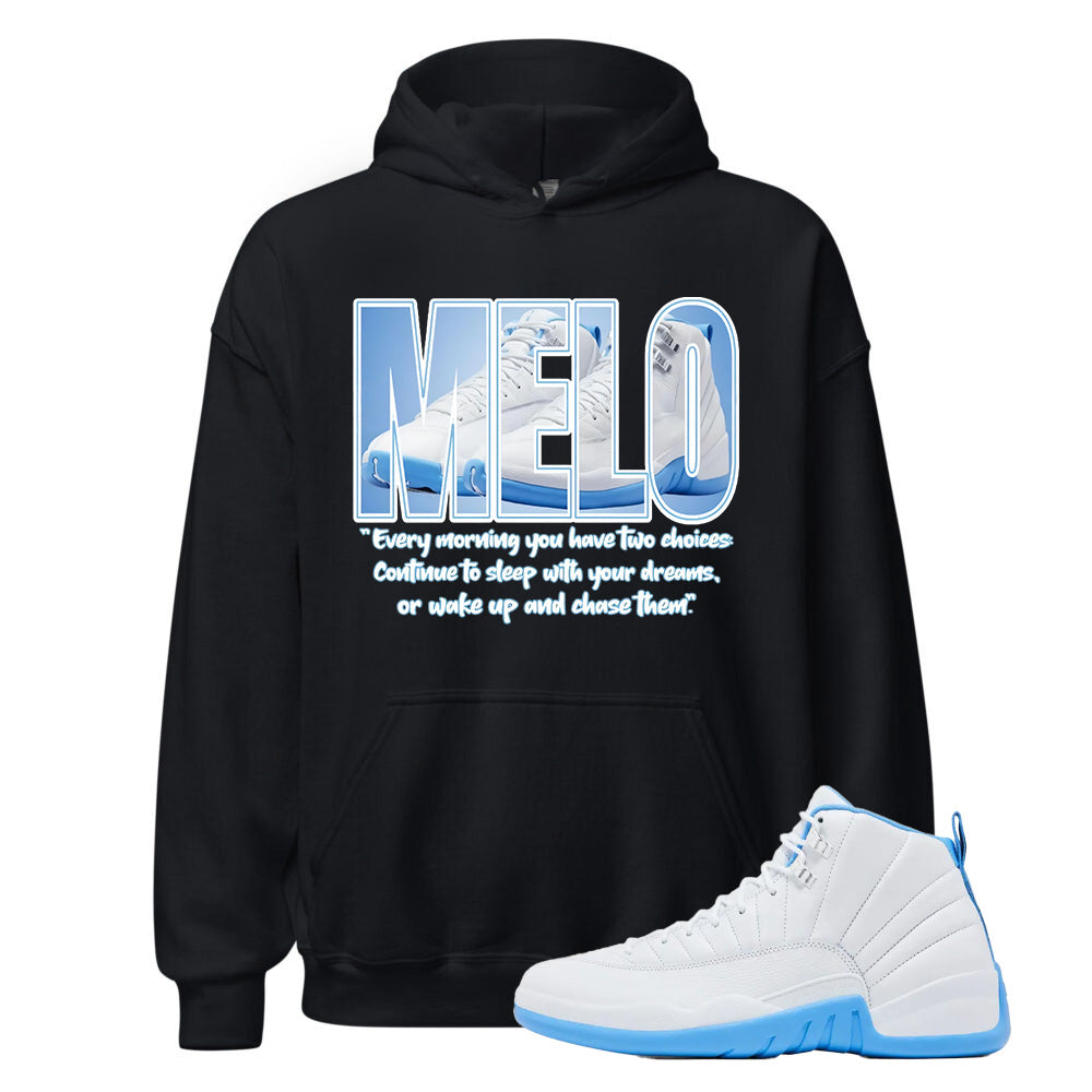 Jordan 12 MELO University Blue Shirt to Match Melo Label Black Hoodie, CT8013-112 Match Sneaker Tee