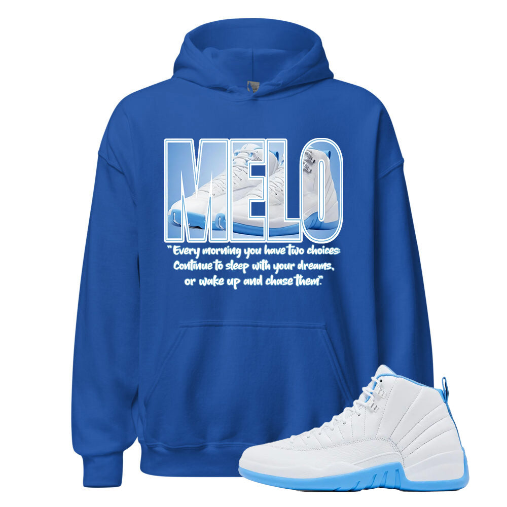 Jordan 12 MELO University Blue Shirt to Match Melo Label Royal Blue Hoodie, CT8013-112 Match Sneaker Tee