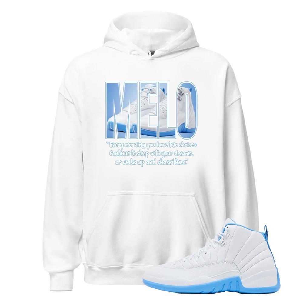 Jordan 12 MELO University Blue Shirt to Match Melo Label Royal White Hoodie, CT8013-112 Match Sneaker Tee