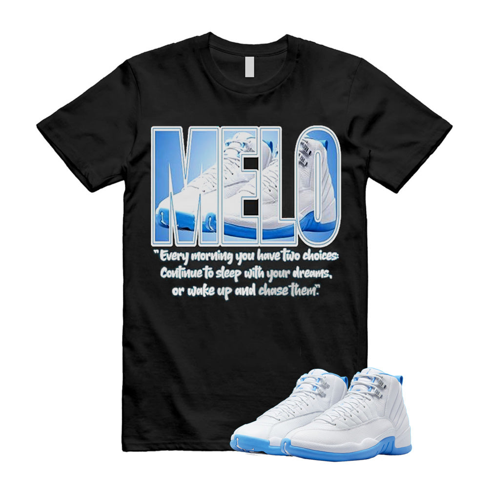 Jordan 12 MELO University Blue Shirt to Match Melo Label Black T-Shirt, CT8013-112 Match Sneaker Tee