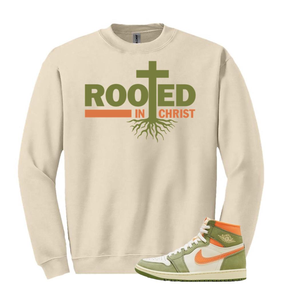 Jordan 1 High OG Craft Celadon Shirt to Match Rooted In Christ Sweatshirt FB9934-300 Match Sneaker Tee