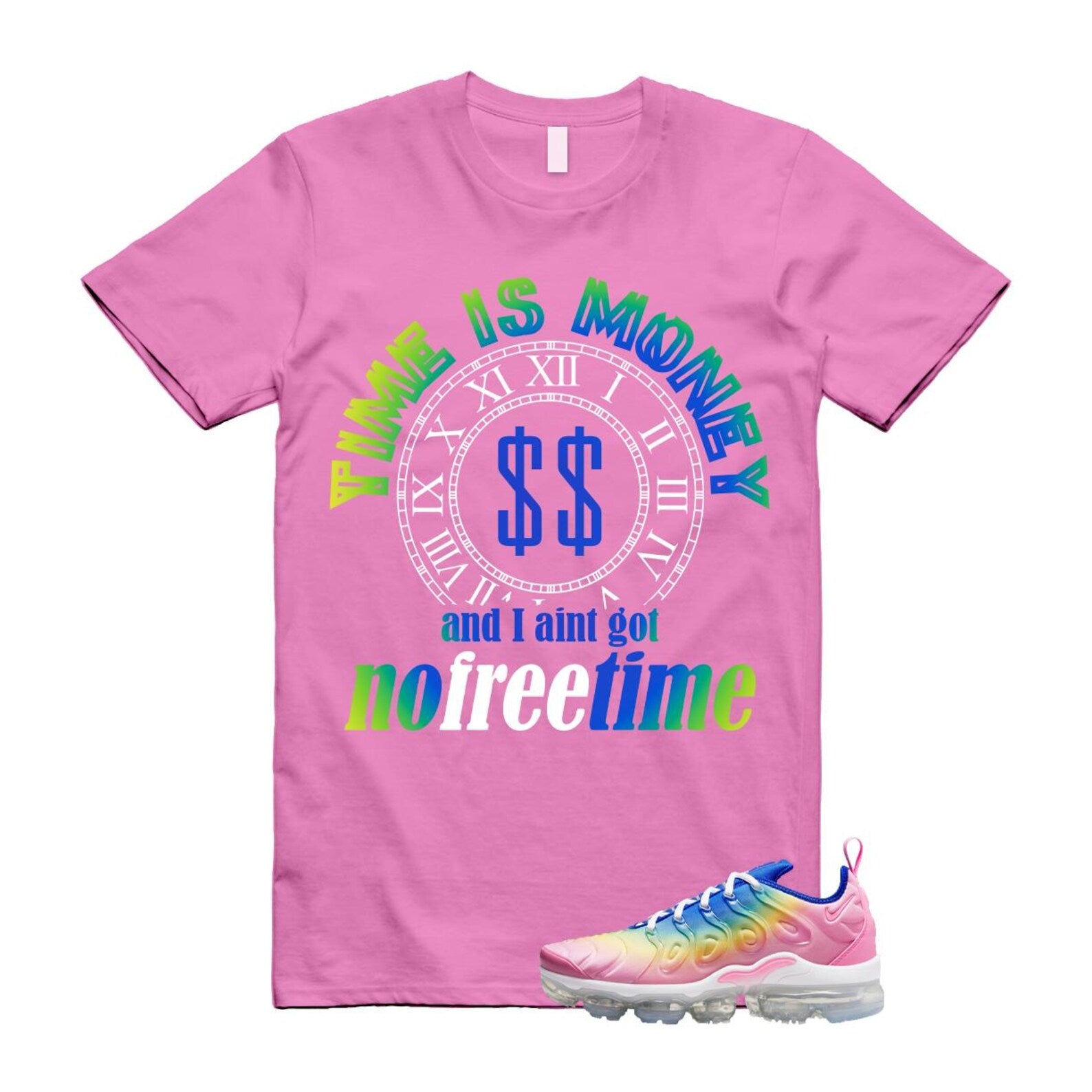 VaporMax Rainbow Air Plus Pink Spell Spring Green Racer Blue Citron Pulse T Shirt Match FREE TIME T-Shirt, Sneaker Match Tee