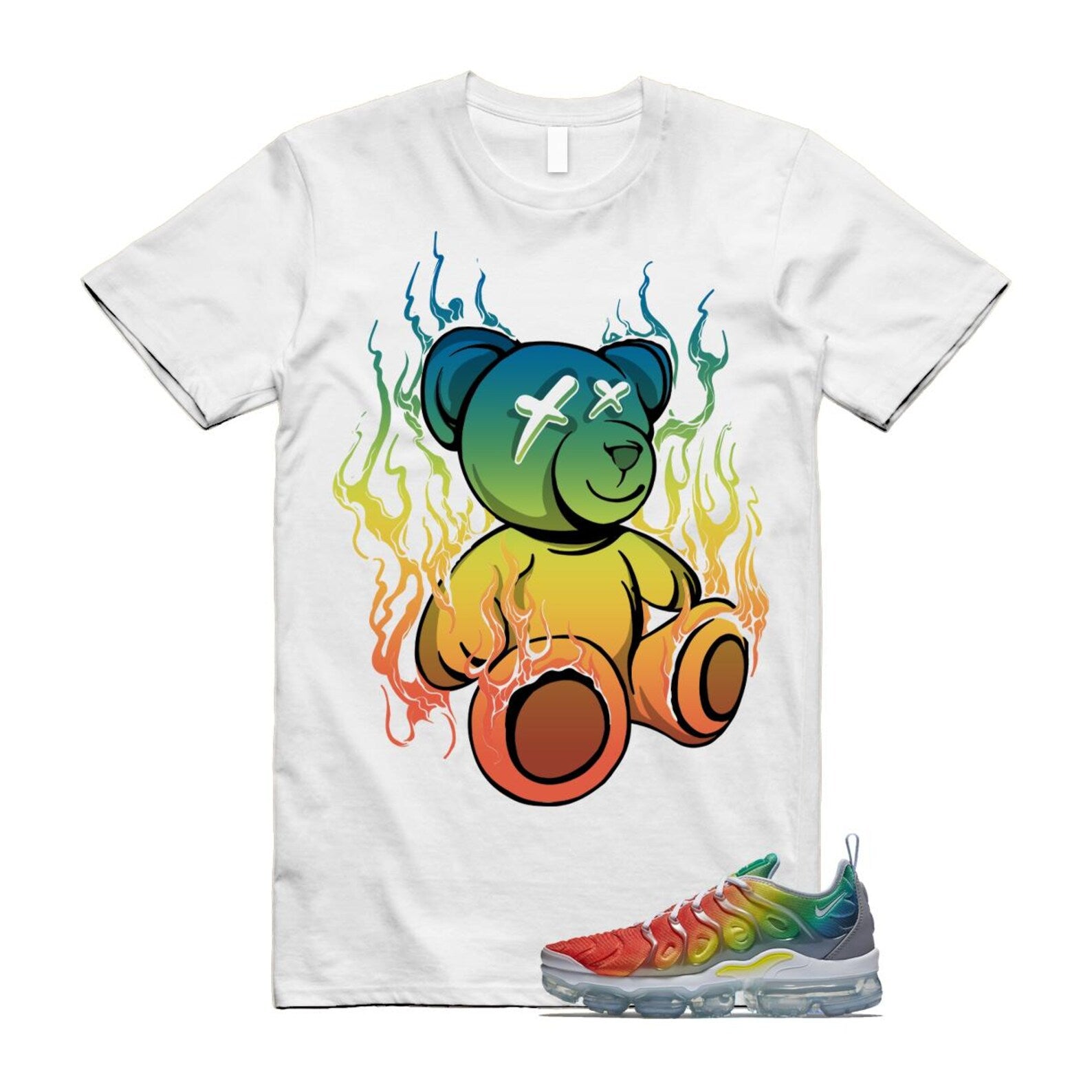 VaporMax Rainbow Air Plus White Neptune Blue Dynamic Yellow T Shirt Match LIT T-Shirt, Sneaker Match Tee