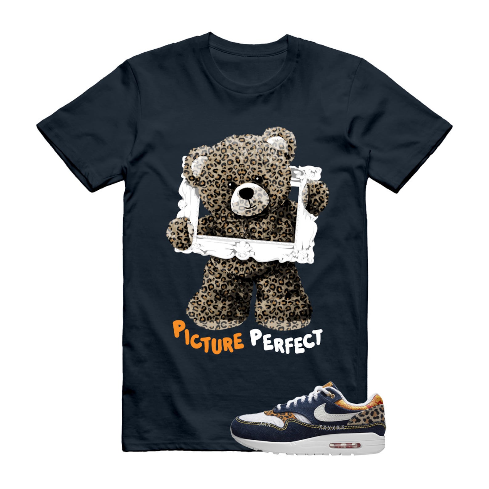 PIC T Shirt to match N Air Max 1 Premium Denim Leopard Medium Blue White University Metallic Gold Picante Red Desert Ochre Matching Jordan T-Shirt, Sneaker Match Tee