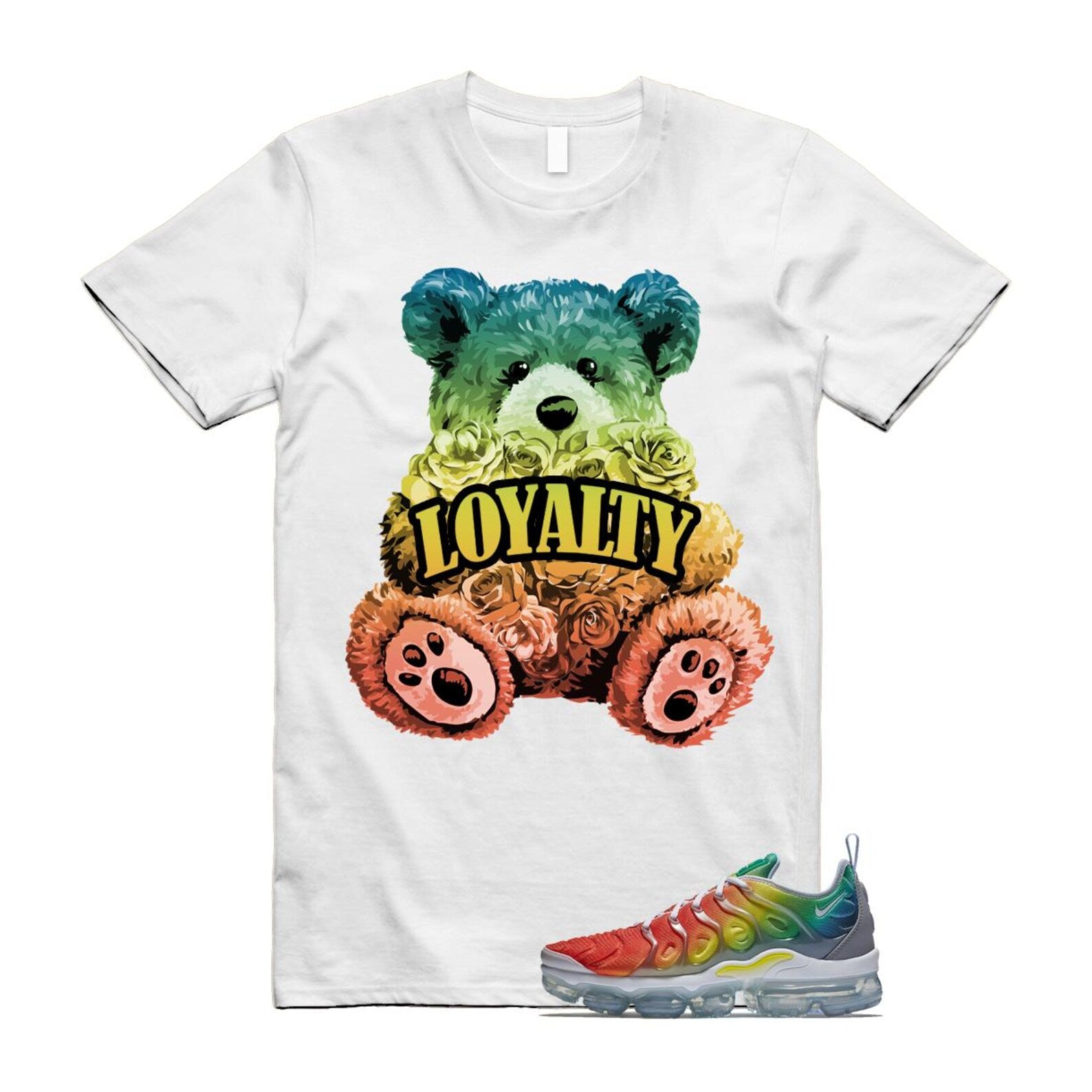 VaporMax Rainbow Air Plus White Neptune Blue Dynamic Yellow T Shirt Match LYLTY T-Shirt, Sneaker Match Tee