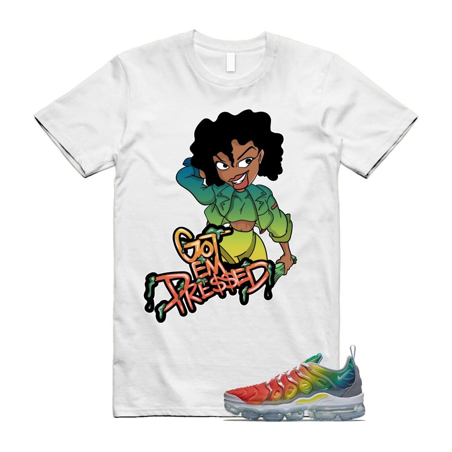 VaporMax Rainbow Air Plus White Neptune Blue Dynamic Yellow T Shirt Match PRESSED T-Shirt, Sneaker Match Tee