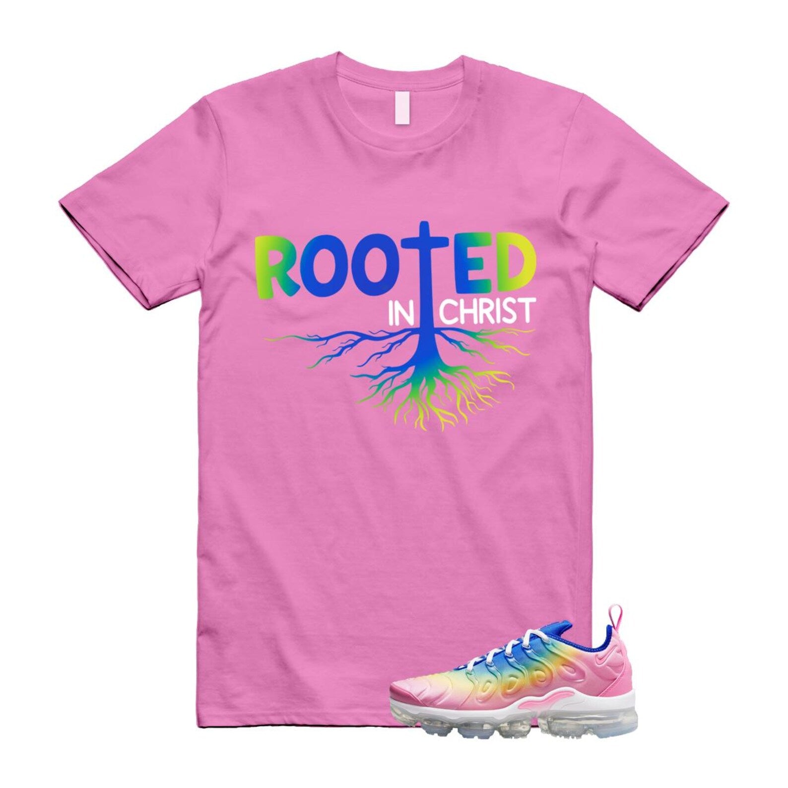 VaporMax Rainbow Air Plus Pink Spell Spring Green Racer Blue Citron Pulse T Shirt Match ROOTED T-Shirt, Sneaker Match Tee