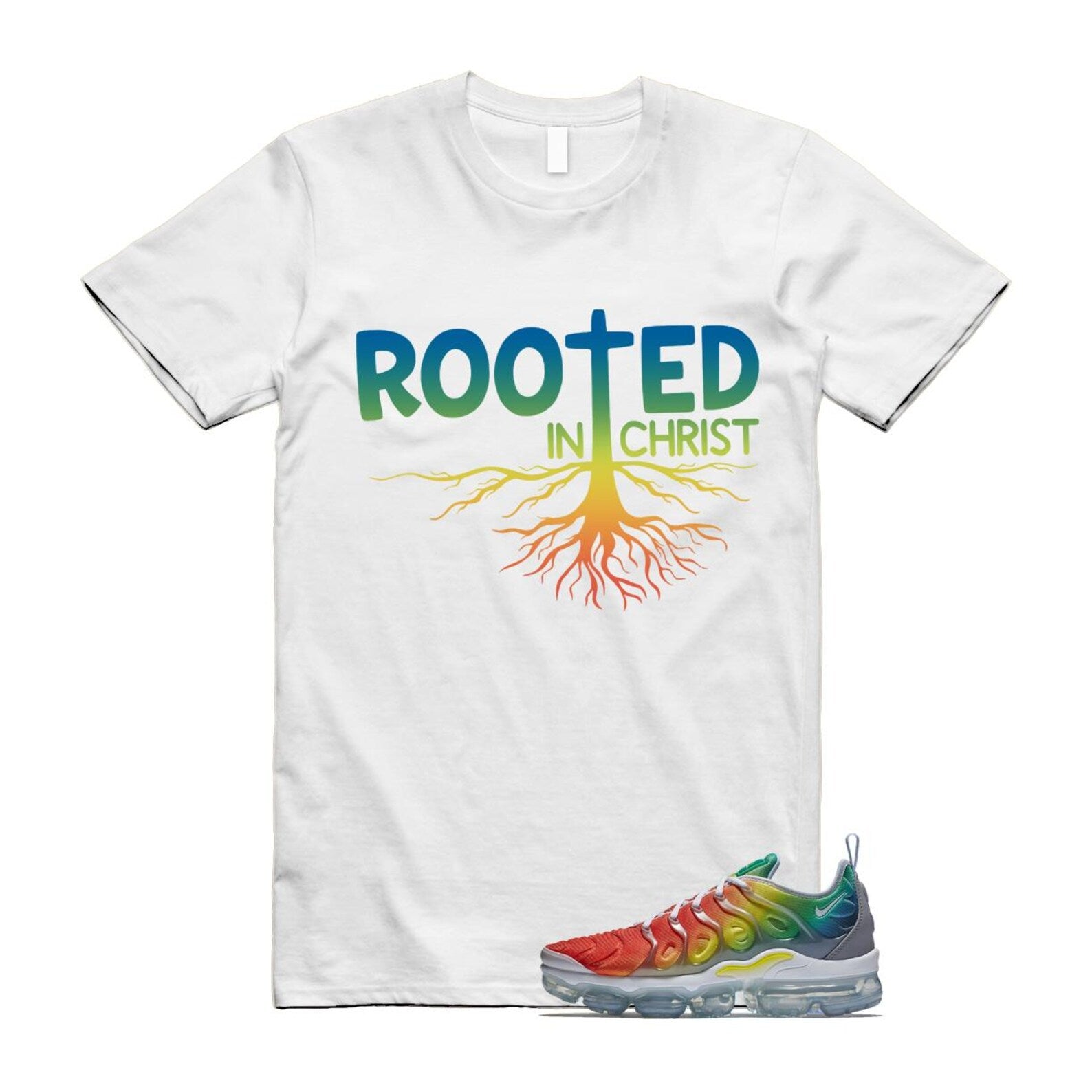 VaporMax Rainbow Air Plus White Neptune Blue Dynamic Yellow T Shirt Match ROOTED T-Shirt, Sneaker Match Tee