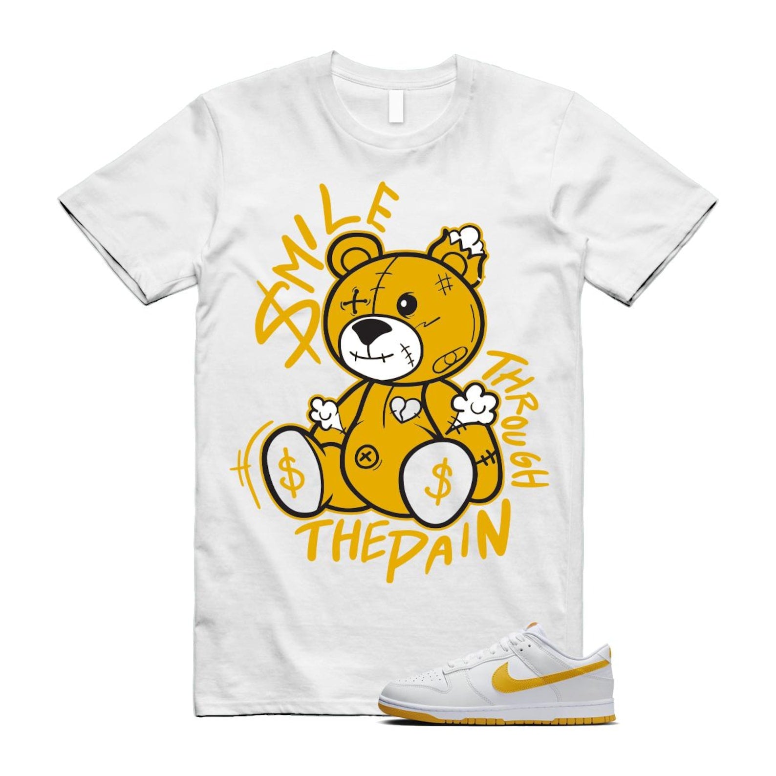 Dunk White University Gold Low T Shirt Match Smile Through The Pain T-Shirt, Sneaker Match Tee