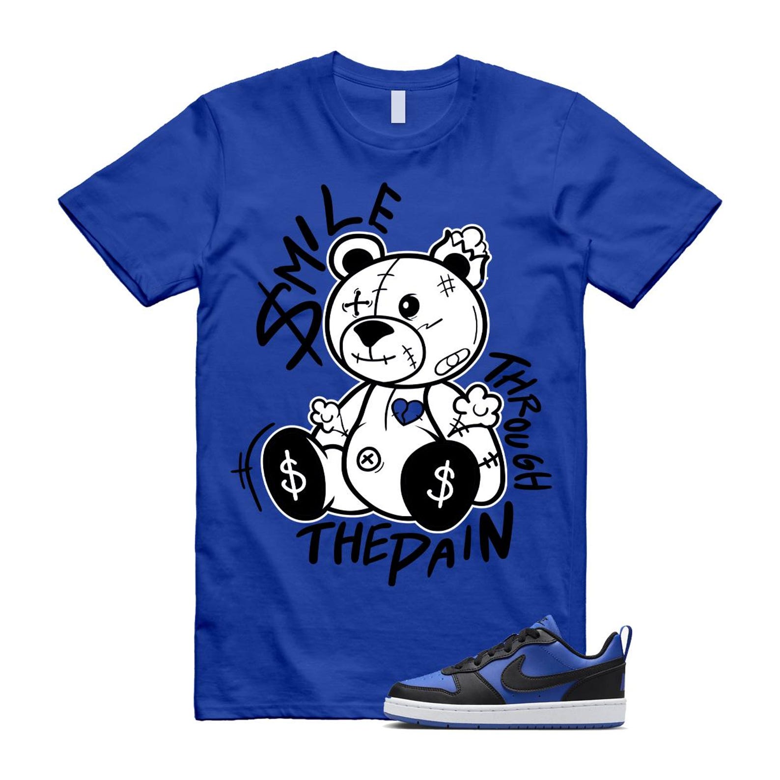 Court Borough Recraft Game Royal Blue White Black Low T Shirt Match Smile Through The Pain T-Shirt, Sneaker Match Tee
