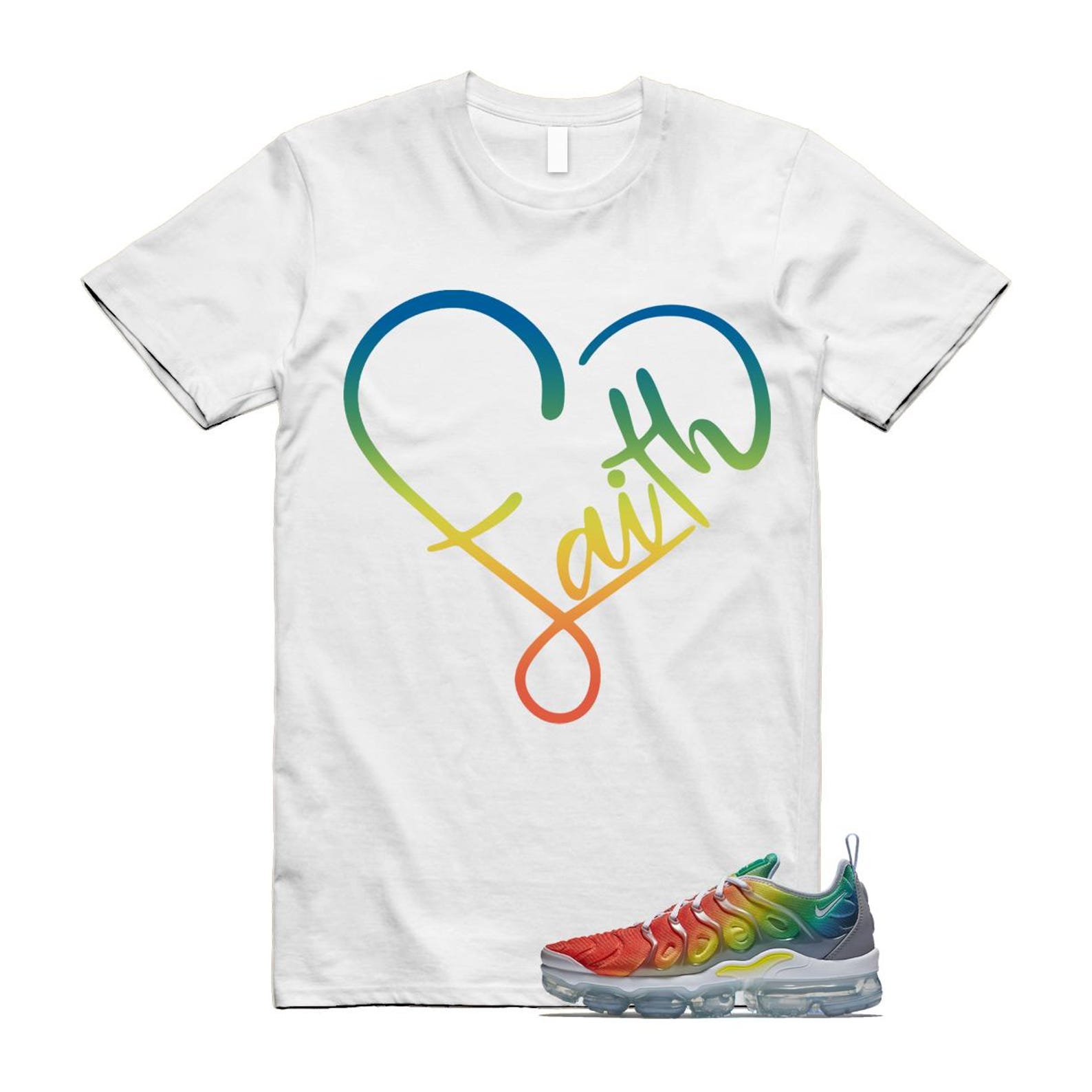 VaporMax Rainbow Air Plus White Neptune Blue Dynamic Yellow T Shirt Match FAITH T-Shirt, Sneaker Match Tee