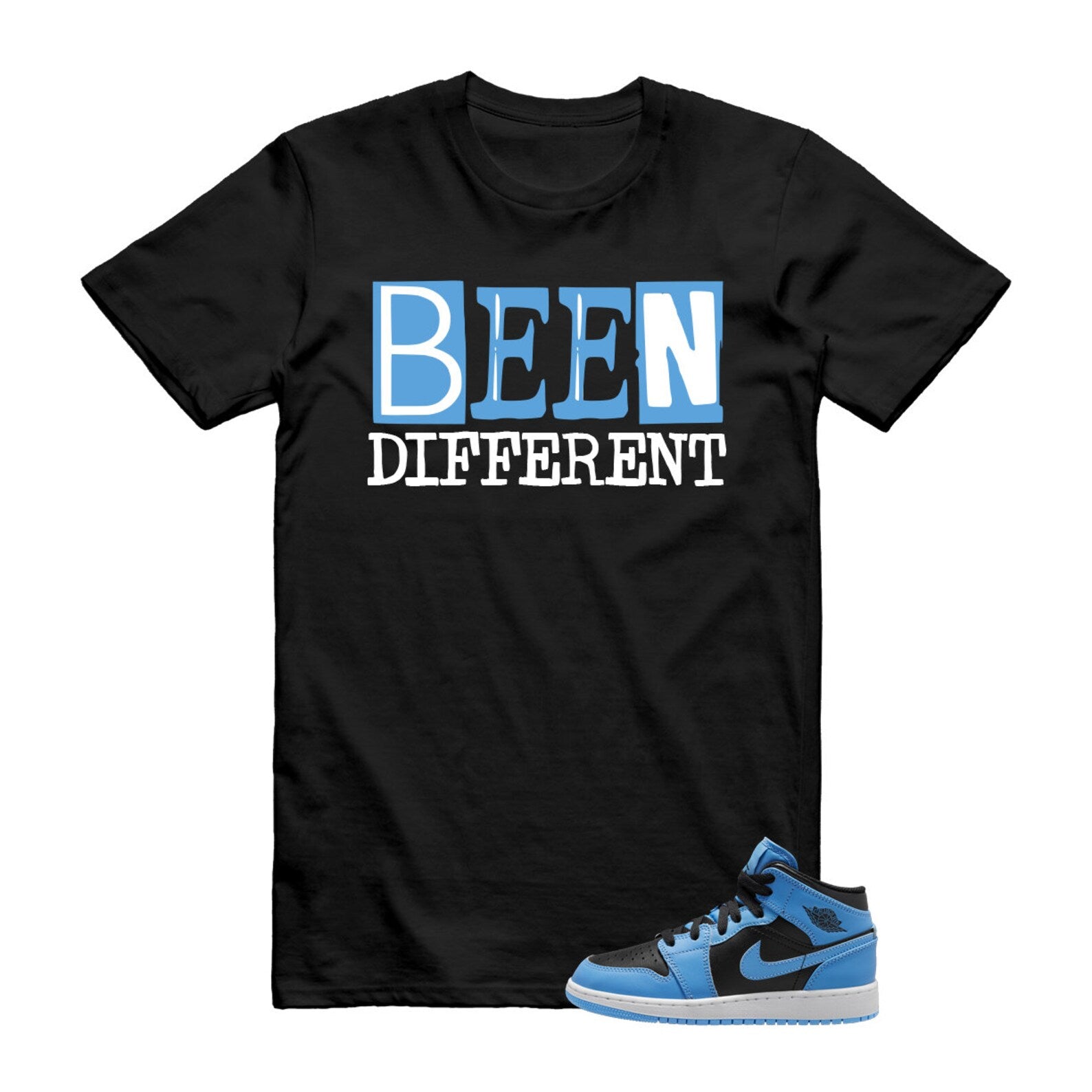Mid University Blue Air 1 Black White T Shirt Match BEEN T-Shirt, Sneaker Match Tee