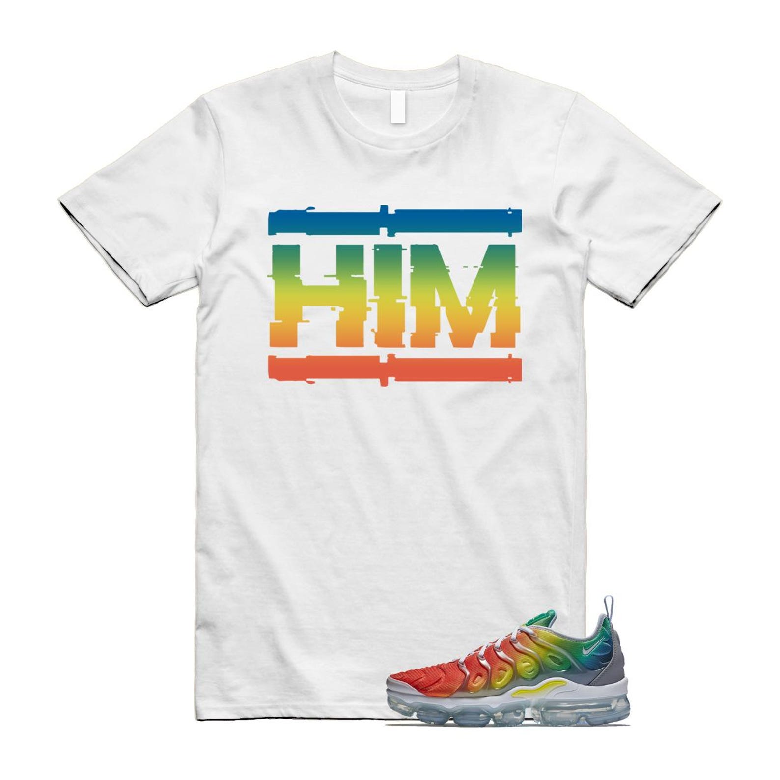 VaporMax Rainbow Air Plus White Neptune Blue Dynamic Yellow T Shirt Match HIM T-Shirt, Sneaker Match Tee