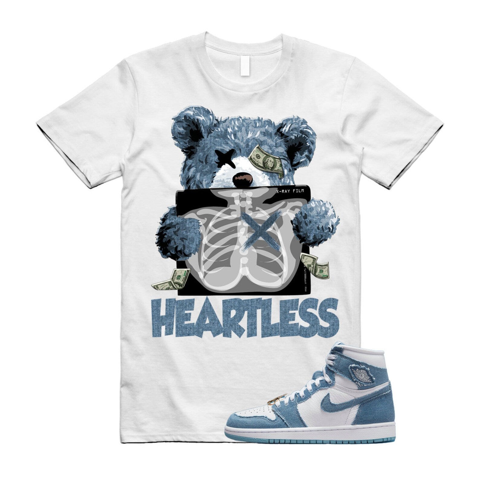 HEART T Shirt to match 1 High OG Denim Worn Blue Metallic Gold Chile Red Washed T-Shirt, Sneaker Match Tee