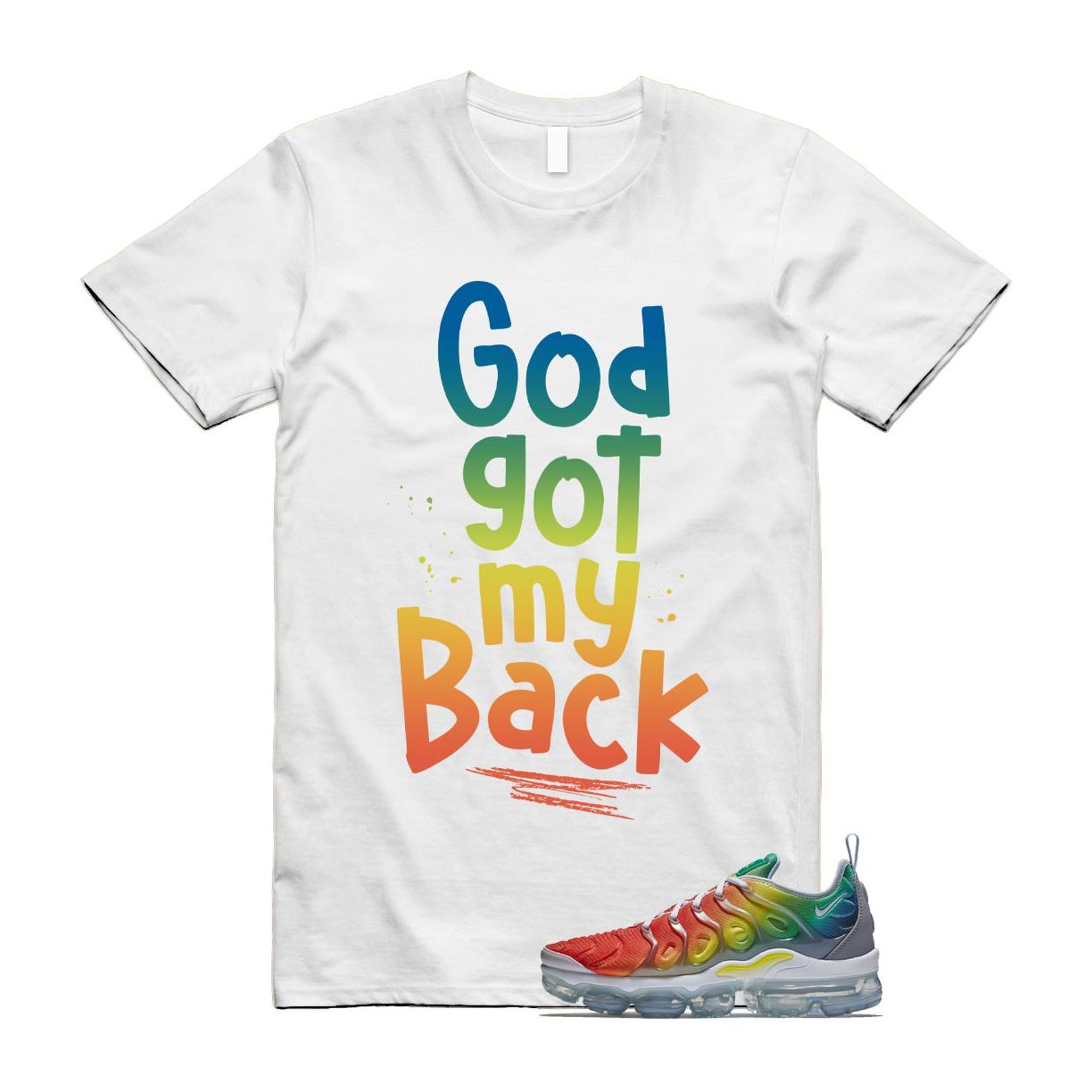 VaporMax Rainbow Air Plus White Neptune Blue Dynamic Yellow T Shirt Match GOD T-Shirt, Sneaker Match Tee