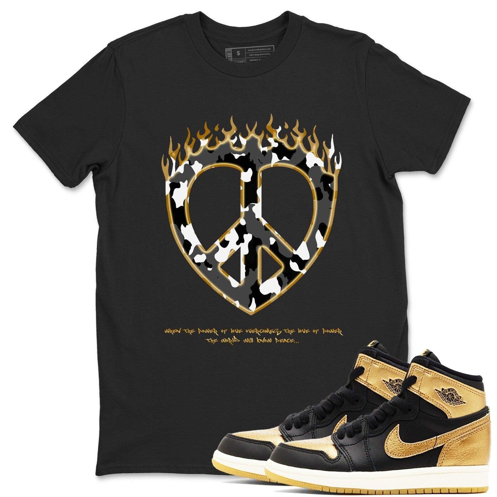 Love Peace Unisex T Shirts To MatchJordan 1s Black Metallic Gold T-Shirt, Sneaker Match Tee
