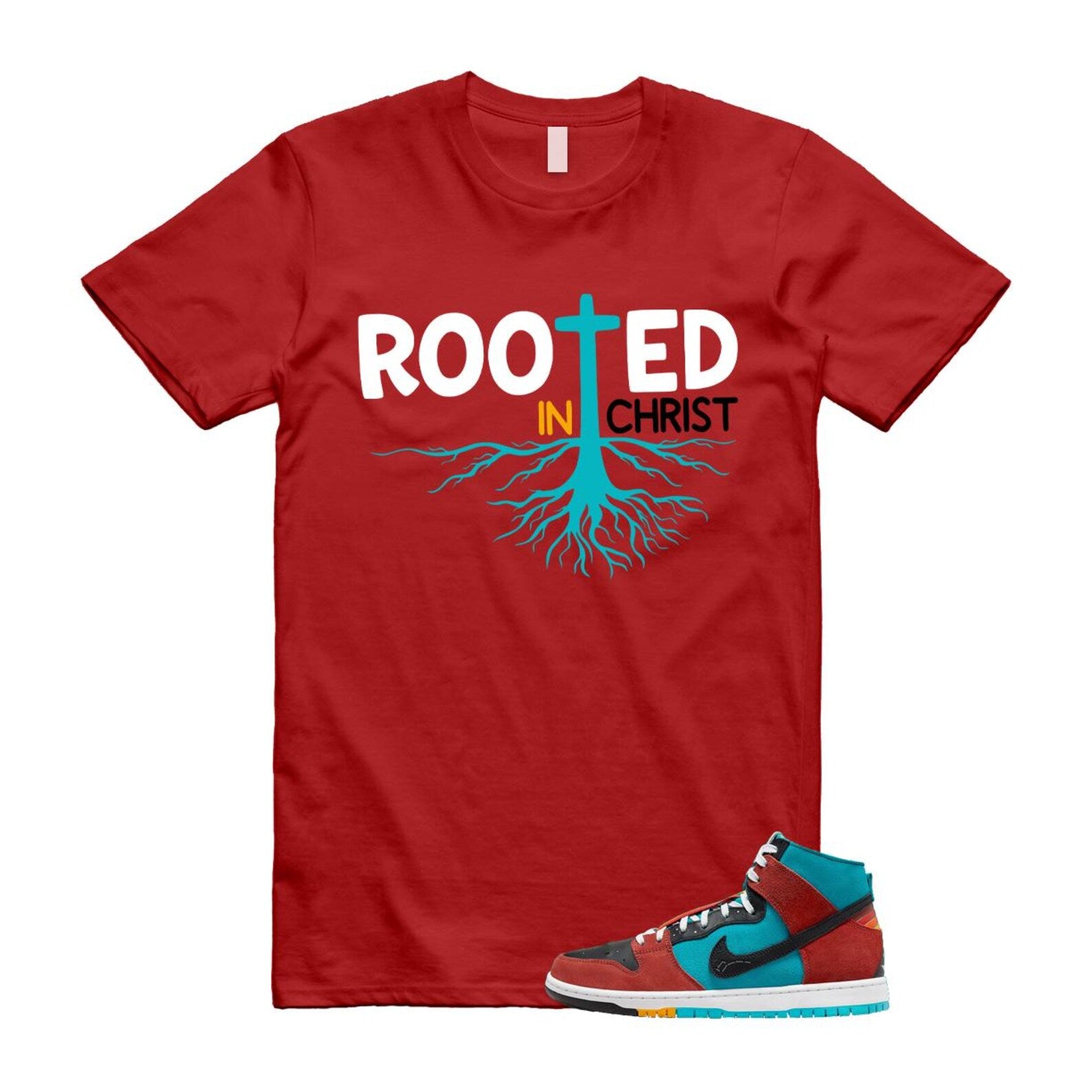 Di'orr Greenwood Navajo Arts Turquoise Blue Black Rugged Orange SB Dunk High T Shirt Match ROOTED T-Shirt, Sneaker Match Tee