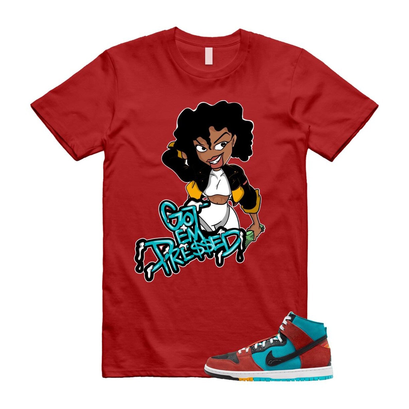 Di'orr Greenwood Navajo Arts Turquoise Blue Black Rugged Orange SB Dunk High T Shirt Match PRESSED T-Shirt, Sneaker Match Tee
