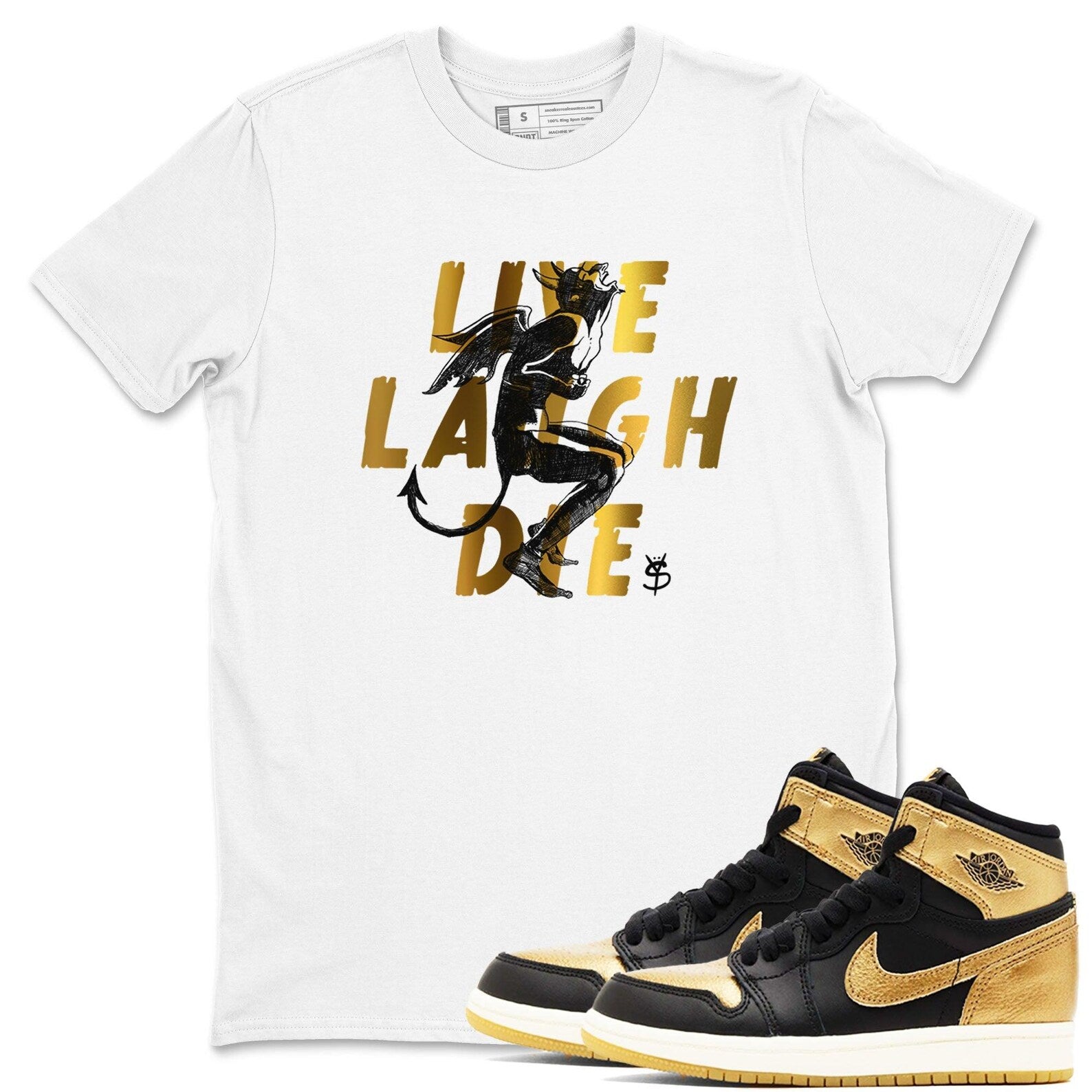 Laughing Devil Unisex T Shirts To Match Jordans 1s High OG Black Metallic Gold T-Shirt, Sneaker Match Tee
