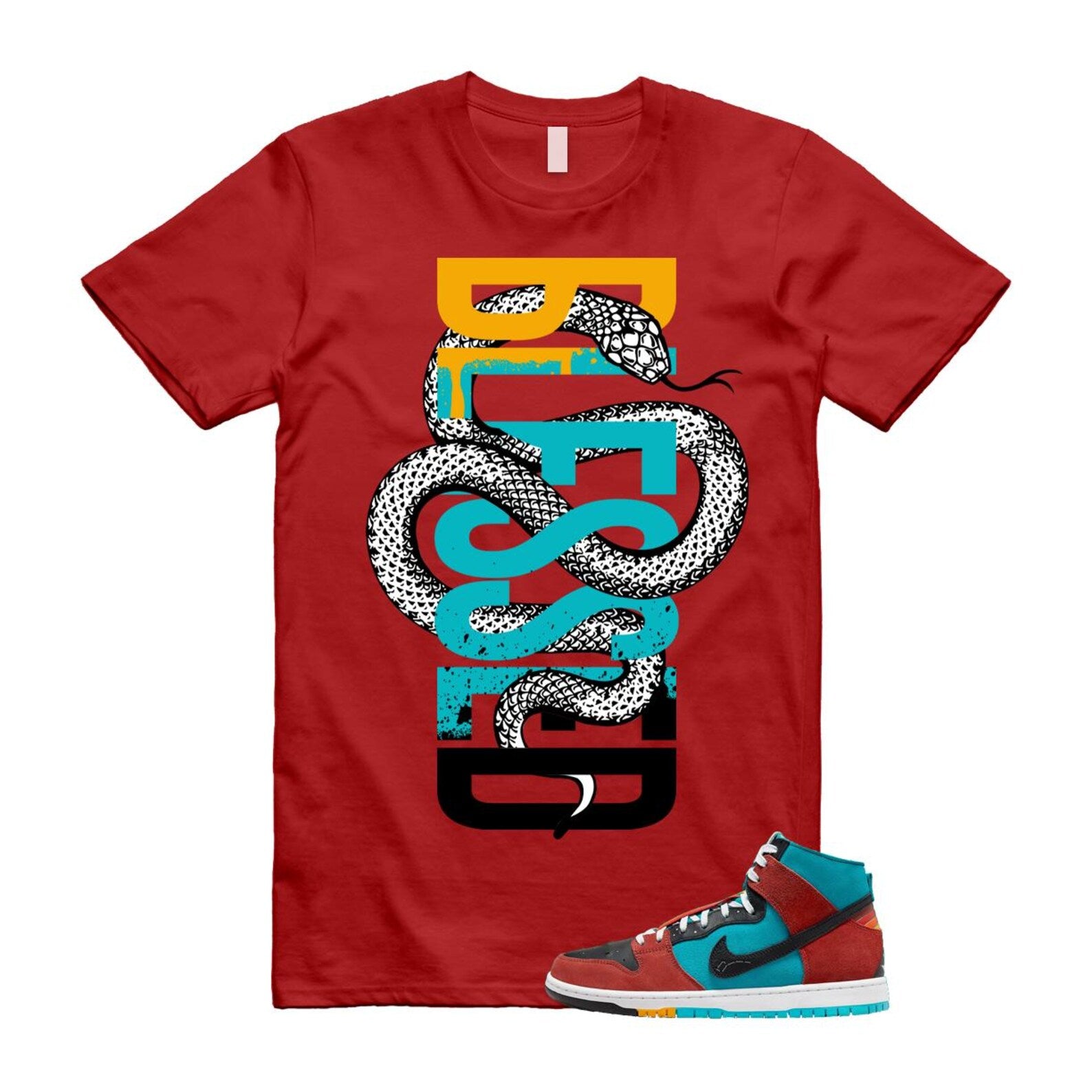 Di'orr Greenwood Navajo Arts Turquoise Blue Black Rugged Orange SB Dunk High T Shirt Match SNAKEBLS T-Shirt, Sneaker Match Tee