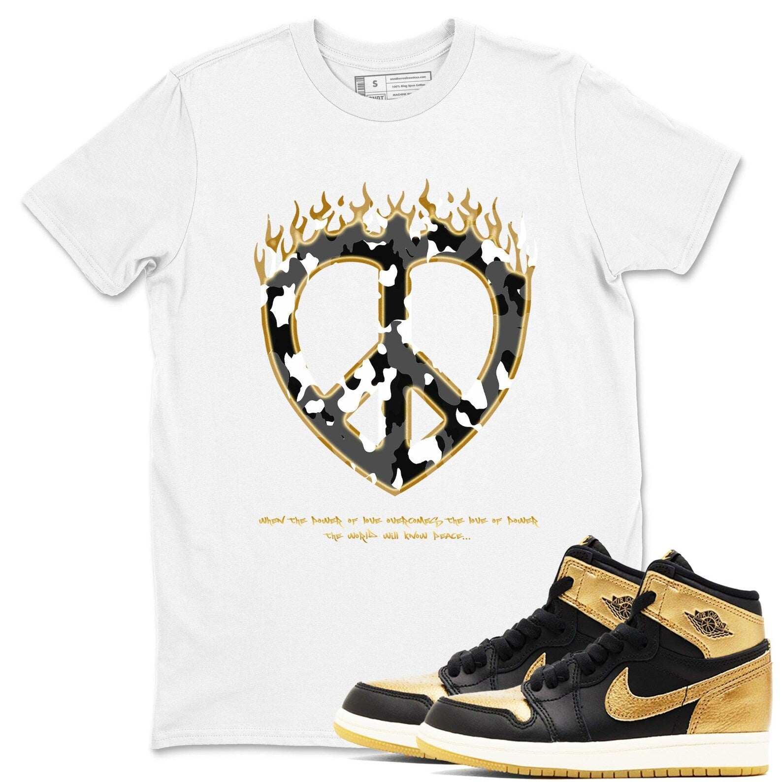 Love Peace Unisex T Shirts To MatchJordan 1s Black Metallic Gold T-Shirt, Sneaker Match Tee