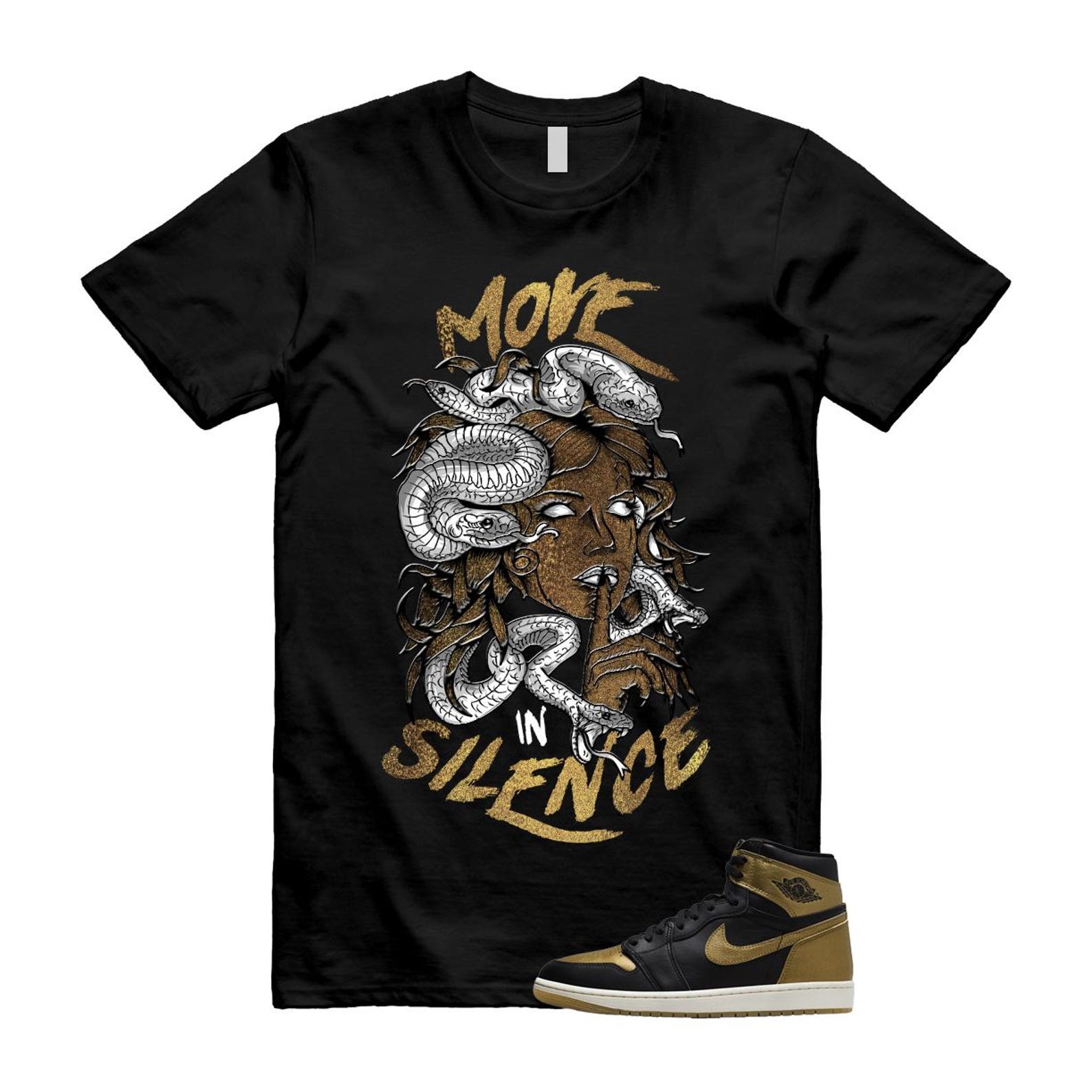 1 Black Metallic Gold Sail Retro High OG T Shirt Match MIS T-Shirt, Sneaker Match Tee