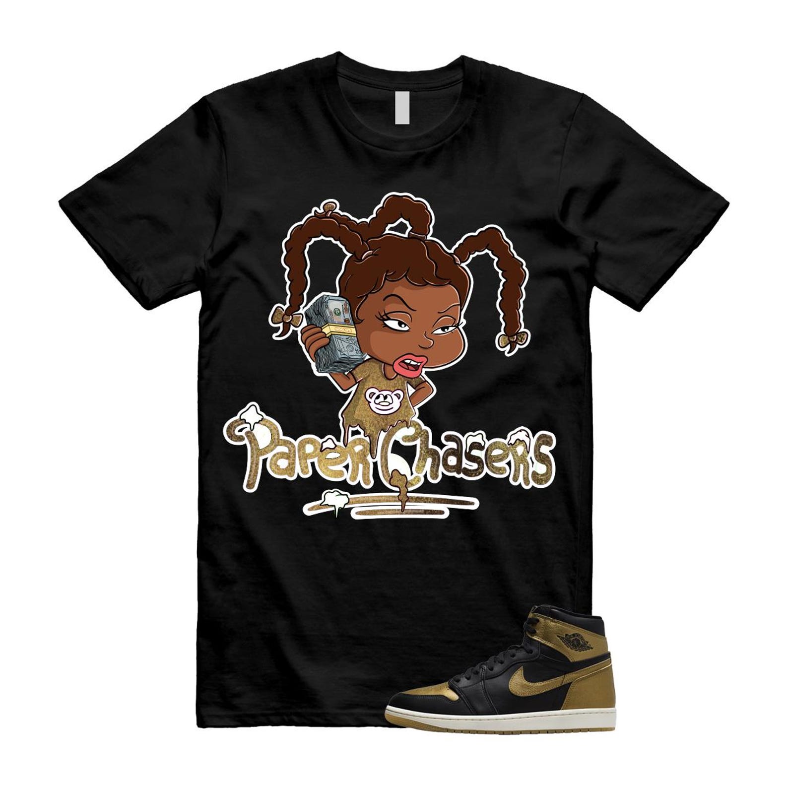 1 Black Metallic Gold Sail Retro High OG T Shirt Match PC T-Shirt, Sneaker Match Tee