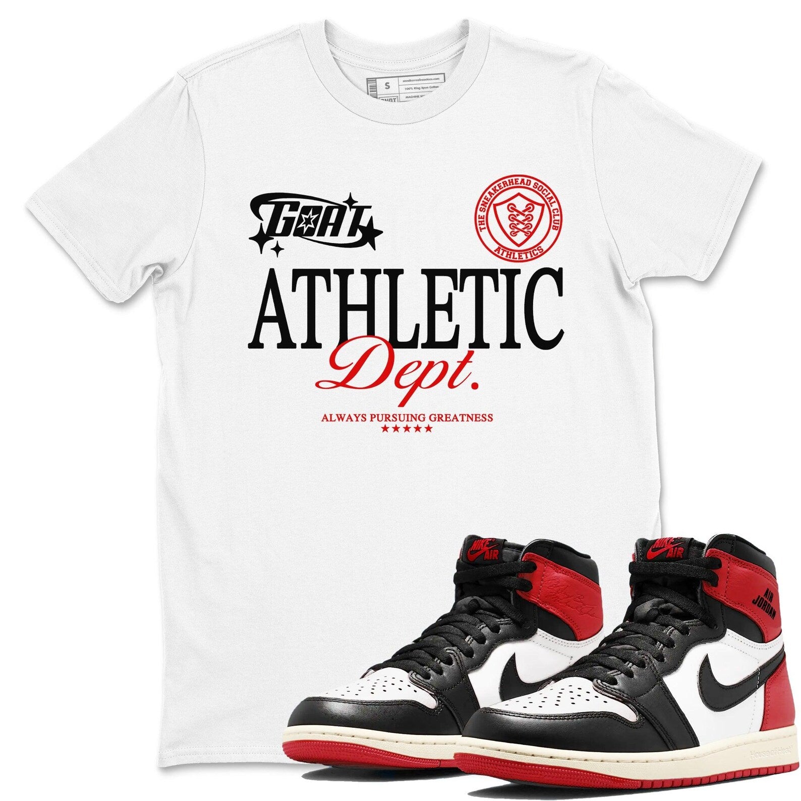 Goat Athletic Dept Sneaker T Shirts To Match Jordans 1s High OG Black Toe Reimagined T-Shirt, Sneaker Match Tee