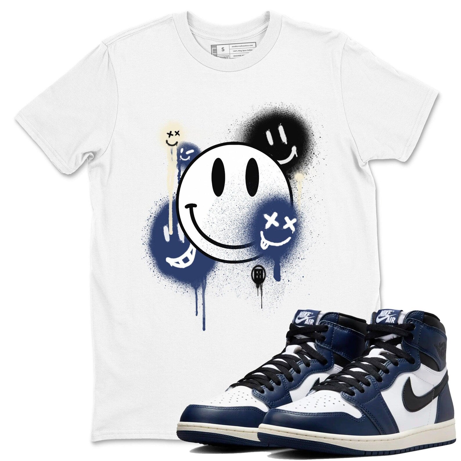 Smile Painting Sneaker T Shirt Unisex Cotton Sneaker Shirts To Match Jordans AJ1 High OG Midnight Navy T-Shirt, Sneaker Match Tee