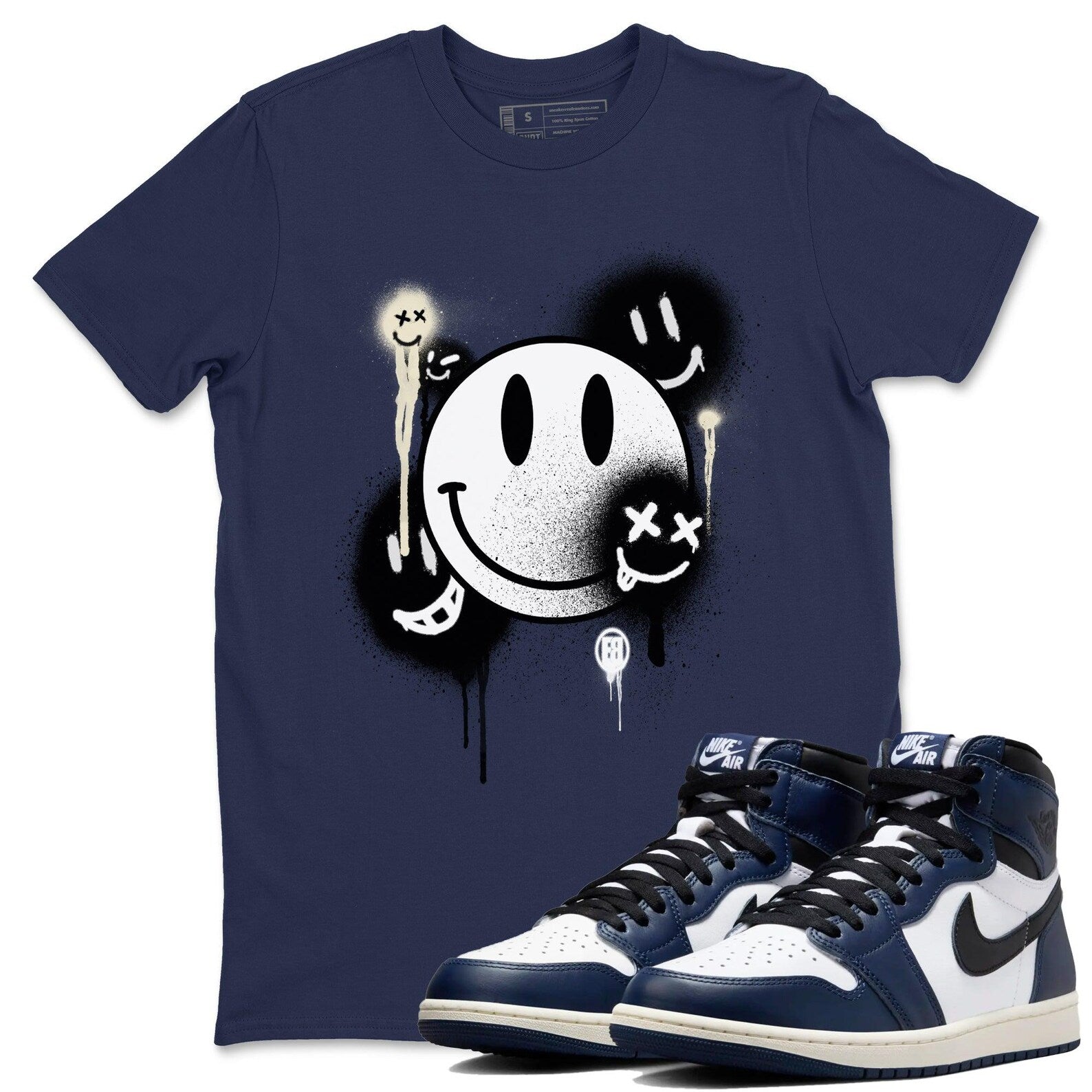 Smile Painting Sneaker T Shirt Unisex Cotton Sneaker Shirts To Match Jordans AJ1 High OG Midnight Navy T-Shirt, Sneaker Match Tee