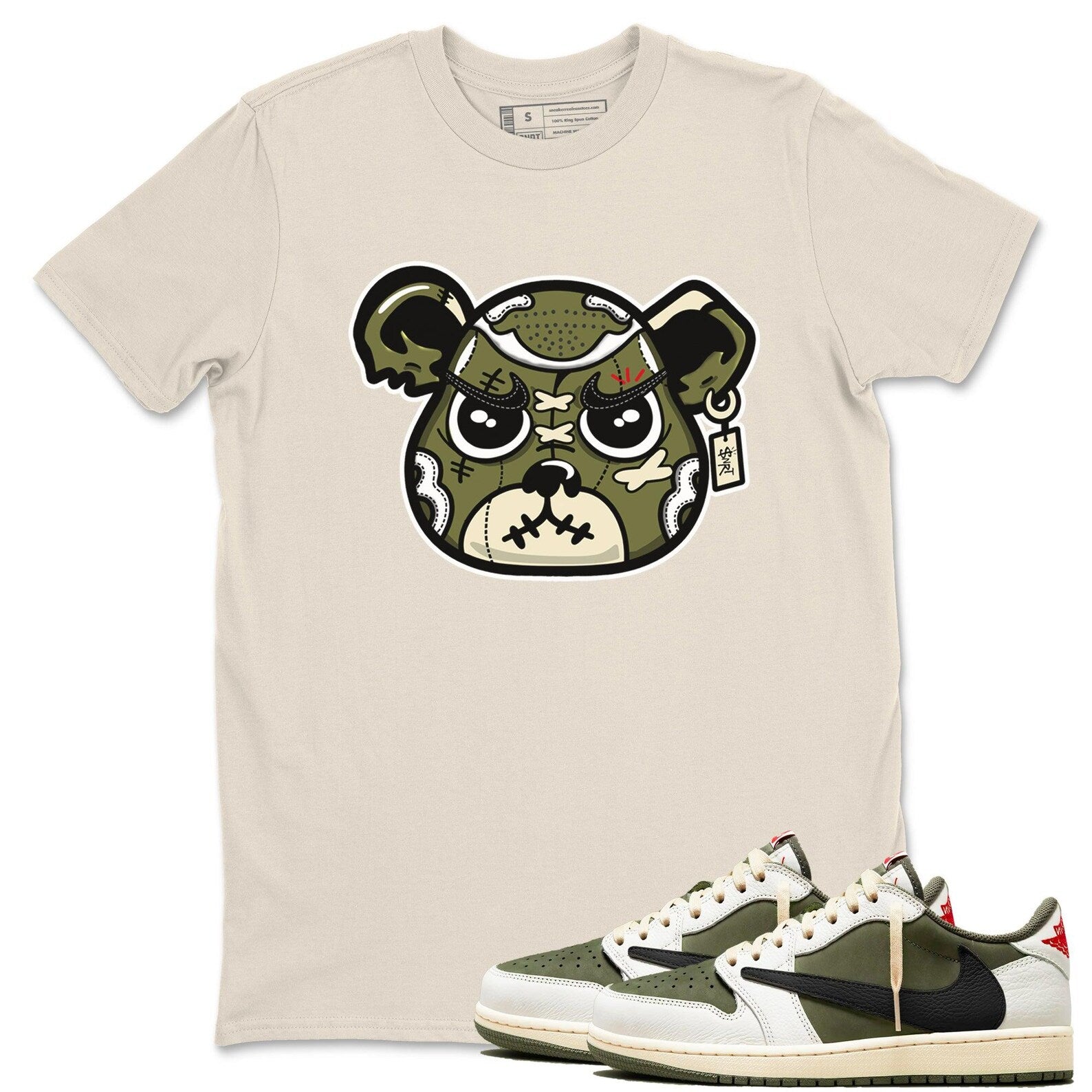 Sneaker Bear Face Unisex Shirts To Match Jordans 1s Travis x Medium Olive T-Shirt, Sneaker Match Tee