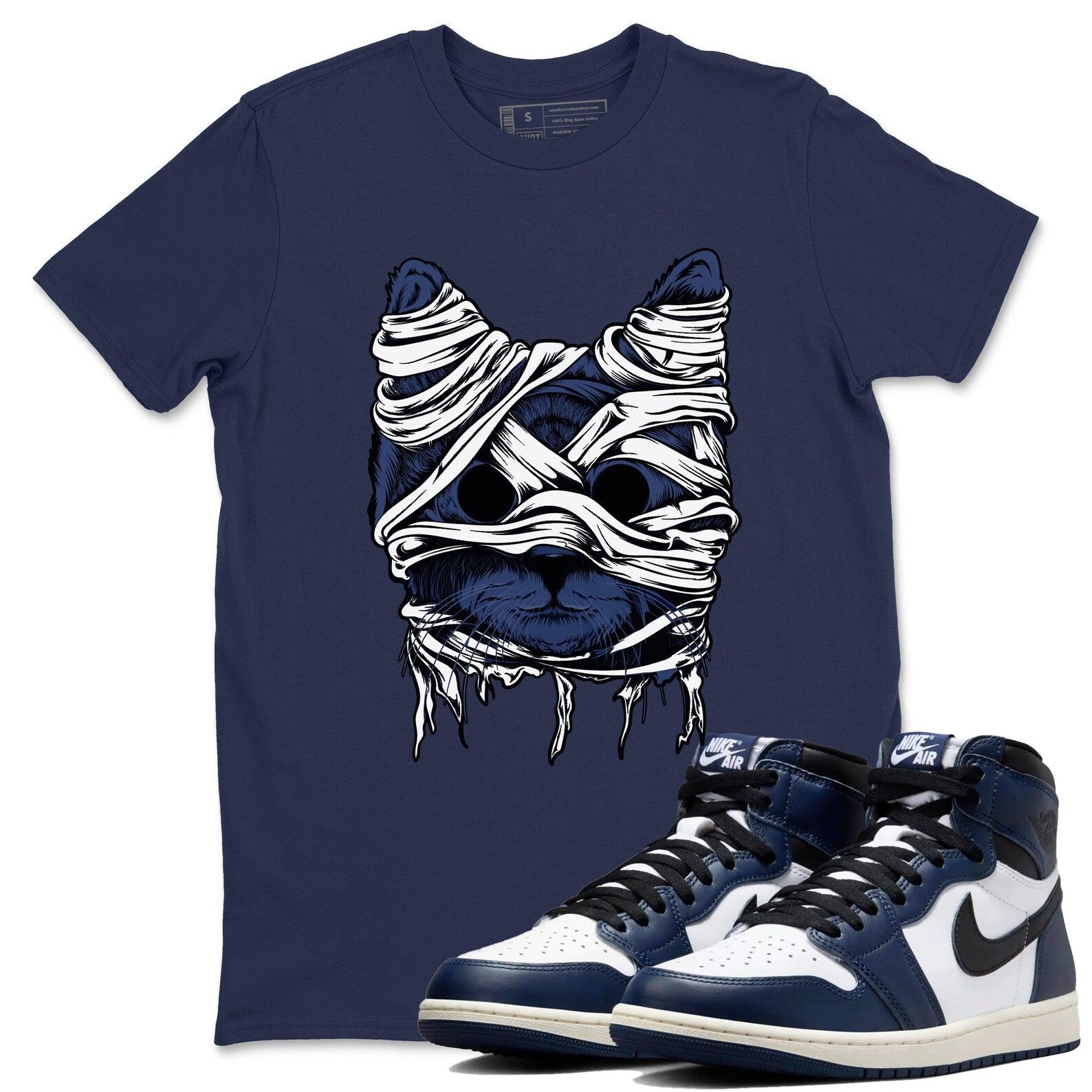 Cat Mummy Sneaker T Shirt Unisex Sneaker Shirts To Match Jordans AJ1 High OG Midnight Navy T-Shirt, Sneaker Match Tee